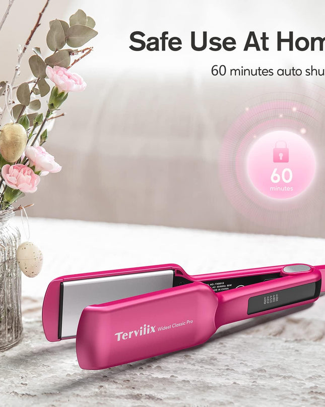 Terviiix Flat Iron Hair Straightener, 2 Inch Widest Ceramic Flat Iron for Hair, Professional Straightening Irons with Adjustable Temp, Fast Styling for Silky Smooth Hair, Dual Voltage, Auto Off, Pink