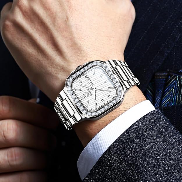 OLEVS Mens Tank Watch Minimalist Diamond Watch Fashion Dress Analog Quartz Mens Watches Rectangular Waterproof Stainless Steel Luminous with Date Watches for Men