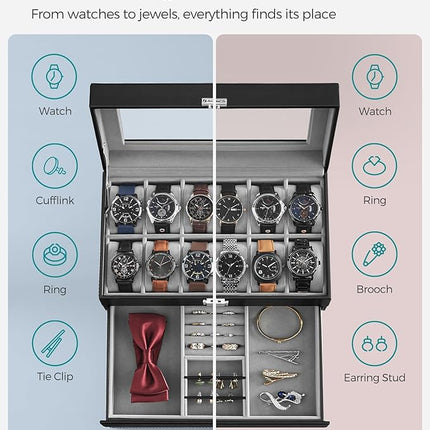 SONGMICS 12-Slot Watch Box, Lockable Watch Case with Glass Lid, 2 Layers, with 1 Drawer for Rings, Bracelets,Christmas Gift, Black Synthetic Leather, Gray Lining UJWB012