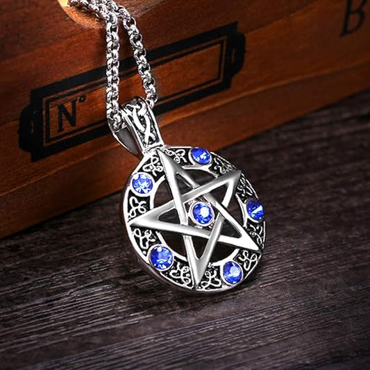 Leprato Stainless Steel Pentagram Pendant Necklace High Polished Blue Crystal Pentacle Charm Amulet Pendant Necklace for Men