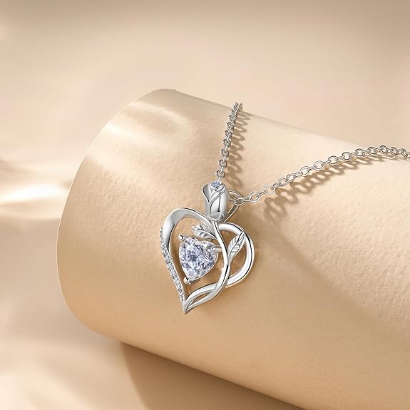 1.2CT Rose Heart Option of Moissanite or Lab-Grown Sapphire Necklace for Women Birthstone Necklace S925 Sterling Silver 18K White Gold Plated D Color VVS1 Gift for Wife Mother for Birthday Anniversary Christmas Convey 'I Love You' Message