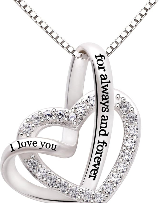 Jewelry Sterling Silver "I love you for always and forever" Love Heart Cubic Zirconia Necklace