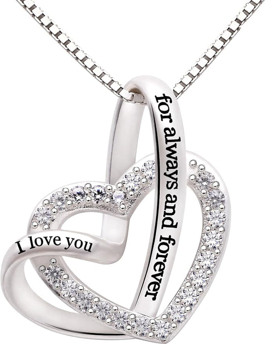 Jewelry Sterling Silver "I love you for always and forever" Love Heart Cubic Zirconia Necklace