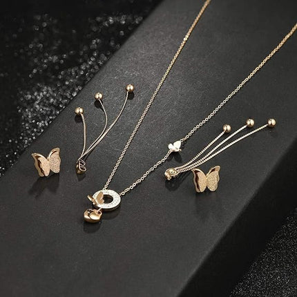 EVEVIC Stainless Steel Butterfly Necklace Earrings Set for Women 14K Gold Plated Hypoallergenic Jewelry Sets