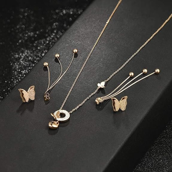 EVEVIC Stainless Steel Butterfly Necklace Earrings Set for Women 14K Gold Plated Hypoallergenic Jewelry Sets