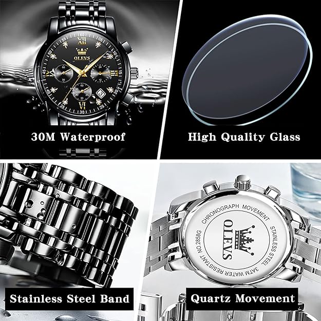 OLEVS Mens Watches Luxury Business Stainless Steel Chronograph Moon Phase Waterproof Date Analog Quartz Dress Watches for Men's ,Black/Dial