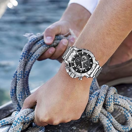 NEKTOM Watches for Men with Stainless Steel, Quartz Analog Watch with Date, Luxury Minimalist Dress Mens Watches, Chronograph Watch, 3ATM Waterproof, Black Wristwatch, Gifts for Men