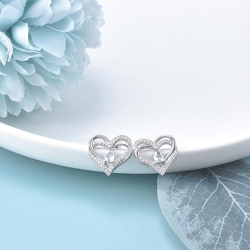 Silver Heart Earrings for Women - Sterling Silver Double Heart Stud Earrings Hypoallergenic Cubic Zirconia Heart Shaped Earrings for Sensitive Ears Fashion Love Earrings Gifts for Valentine's Day