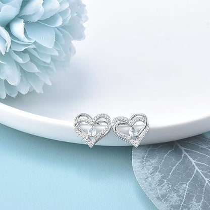 Silver Heart Earrings for Women - Sterling Silver Double Heart Stud Earrings Hypoallergenic Cubic Zirconia Heart Shaped Earrings for Sensitive Ears Fashion Love Earrings Gifts for Valentine's Day