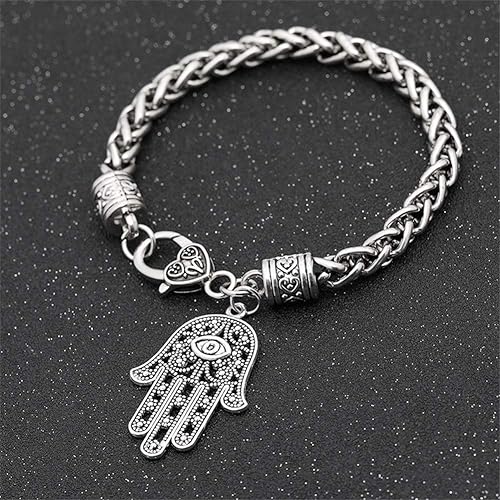 Hamsa Hand of Fatima Silver Bracelet - Evil Eye Protection Silver Tone Alloy Charm Jewelry