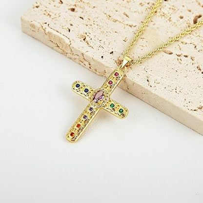 HZMAN Gold Cross Necklace for Women 18K Gold Plated Necklace Dainty Retro Cubic Zirconia Cross Necklace Pendant Jewelry Gift