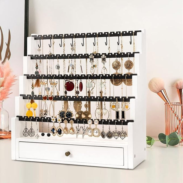 Pinzoveco Earring Organizer, 5 Layer Earring Holder Organizer with Necklace Holder Pole, Rustic Wood Jewelry Organizer Stand Display for Stud Earring Bracelet Necklace Ring, 175 Earring Holes