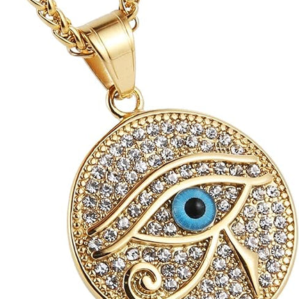 HZMAN 18k Gold Plated Eye of Horus Necklace Eye of Ra Egypt Protection Dog Tag Pendant Stainless Steel Necklace Jewelry Gift