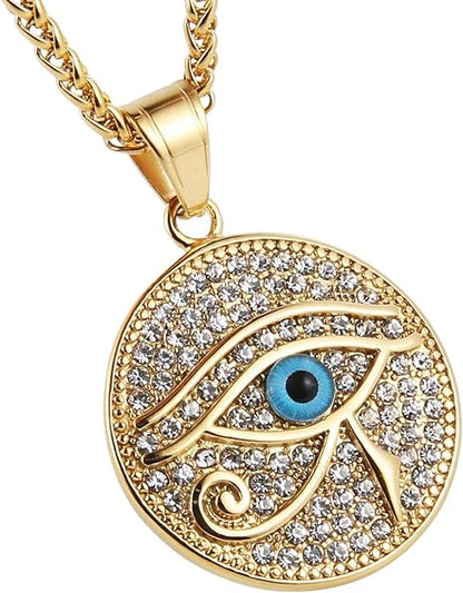 HZMAN 18k Gold Plated Eye of Horus Necklace Eye of Ra Egypt Protection Dog Tag Pendant Stainless Steel Necklace Jewelry Gift