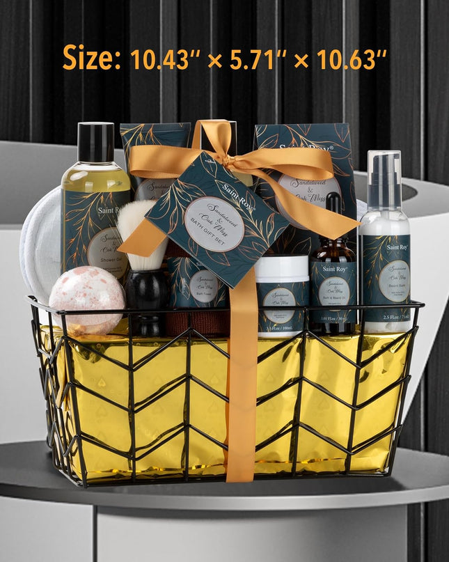 Spa Gift Basket for Men, Body Wash Men, 13pcs Sandalwood & Oak Moss Bath and Beard Kit for Men with Shower Gel, Body Lotion, Bubble Bath, Beard Brush, Bread Comb Spa Kits for Man dad Fathers Day