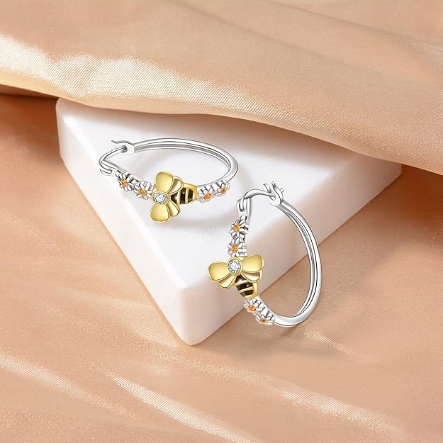 Honey Bee Earrings Daisy Bee Hoop Earrings Bee and Flower Earrings - 925 Sterling Silver Animal Daisy Earrings Jewelry For Teen Women