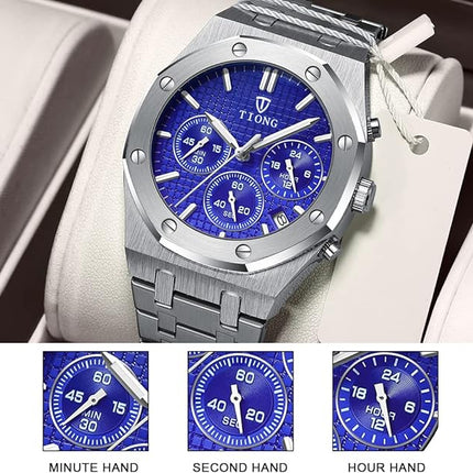 Tiong Mens Watches Chronograph Stainless Steel Waterproof Date Analog Quartz Watch Business Casual Fashion Wrist Watches for Men