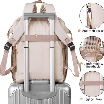MOMUVO Laptop Backpack for Women with USB Port, Student Bookbag Water Resistant Backpacks Teacher Doctor Nurse Work Stylish Travel Bags, Fits 17-Inch Laptop Khaki Beige