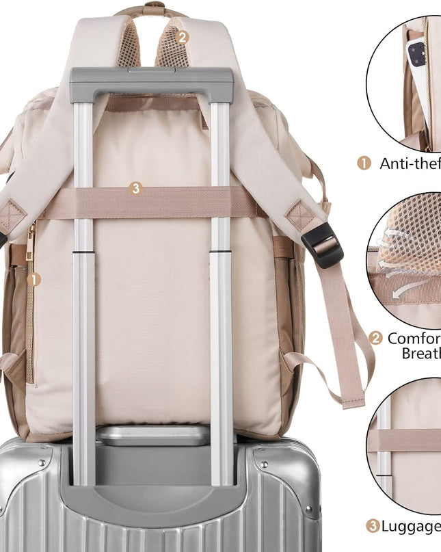 MOMUVO Laptop Backpack for Women with USB Port, Student Bookbag Water Resistant Backpacks Teacher Doctor Nurse Work Stylish Travel Bags, Fits 17-Inch Laptop Khaki Beige