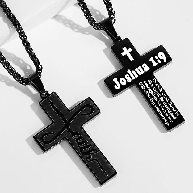 Faith Cross Necklace for Men Boys, Stainless Steel Cross Chain Pendant Necklace, Inspirational Bible Verse Christian Religious Easter Gifts 20+2in