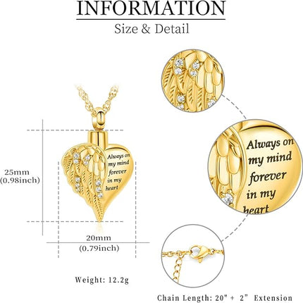 shajwo Cremation Jewelry Angel Wing Heart Urn Necklace for Ashes for Women Men Memorial Keepsake Human Pendant