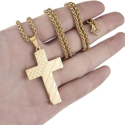DuoDiner 24 Inch Cross Necklace for Men Boys Bible Verse American Flag Pendant Baptism Religious First Communion Jewelry Gift
