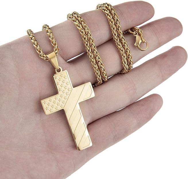 DuoDiner 24 Inch Cross Necklace for Men Boys Bible Verse American Flag Pendant Baptism Religious First Communion Jewelry Gift