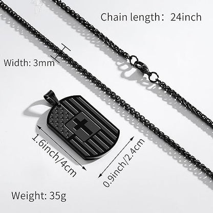 Dog Tag Cross Necklace for Men Boys, 24 Inches American Flag Stainless Steel Bible Verse Pendant Chain Religious Patriotic Jewelry