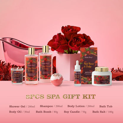 Mother's Day Bath Spa Gift Set Red Rose & Tulip Spa Basket Kits for Women and Men, Contains Essential Oil, Bubble Bath, Body Lotion, Bath Salt, Soy Candle, self care baskets for women gift