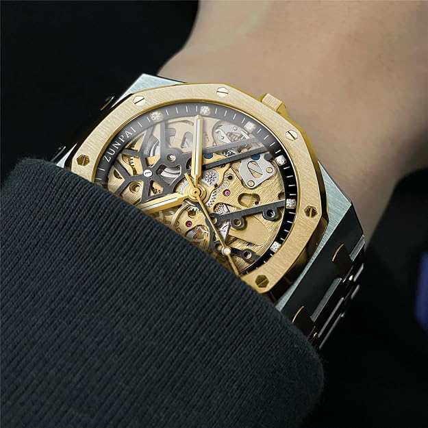 senstone Automatic Watches for Men Mechanical Movement Tourbillon Self-Winding Transparent Skeleton Fashion Gift Business Dress Wristwatch with Waterproof 41mm Luminous Dial Stainless Steel Band