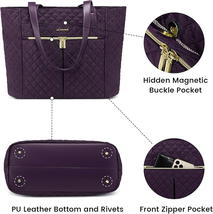 LOVEVOOK Laptop Bag for Women 15.6 inch,Diamond Quilted Work Tote Bags Womens Laptop Tote Bag Computer Shoulder Bags,Stylish Travel Tote Bags Laptop Purse Briefcase Handbag with Clutch Purse,Purple