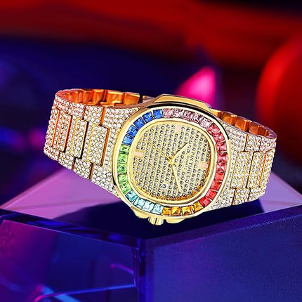 Luxury Bling-ed Out Colorful Full Diamond Watches Fashion Quartz Analog Stainless Steel Band Bracelet Wrist Watch