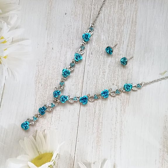 Rose Flower Necklace Earrings Set Crystal 3Pcs Bridal Flower Pendant Necklace Chain Studs Floral Wedding Jewelry for Women Girls Bride Bridesmaids