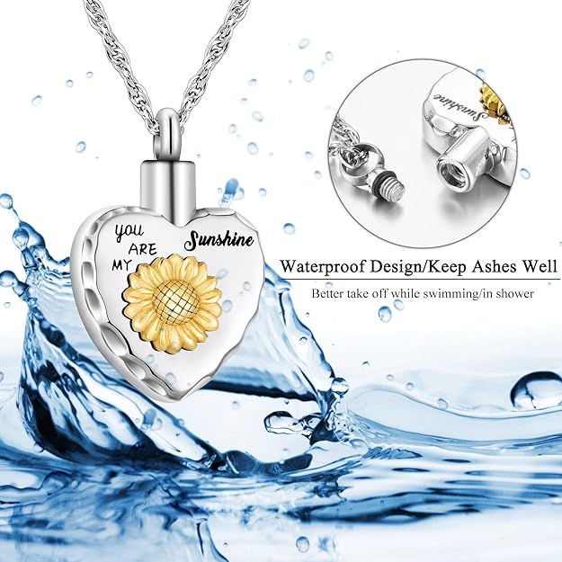 abooxiu Sunflower Urn Necklace for Ashes Heart Memorial Cremation Jewelry for Ashes Stainless Steel Ashes Necklace Keepsake Urn Pendant - you are my sunshine