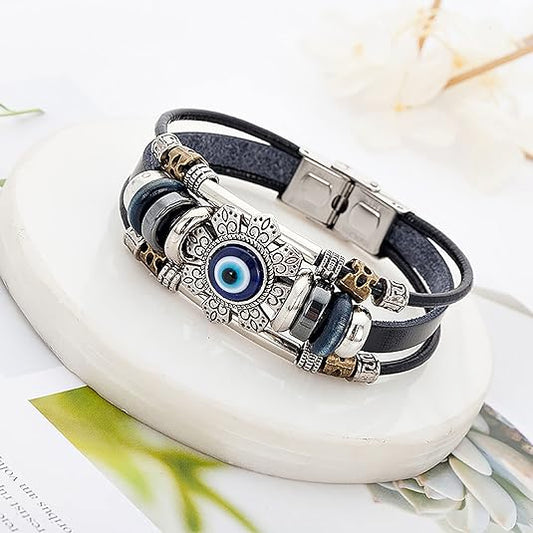 Evil Eye Bracelets for Men, Protection Bracelet Black Leather Bracelet Wristband Beaded Bracelet