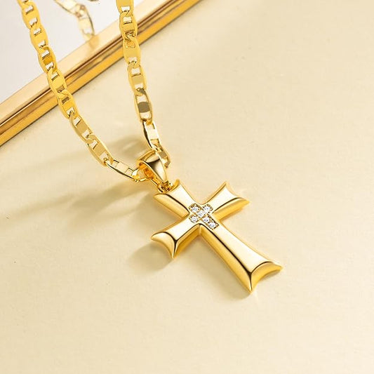 Cross Necklace for Women Gold Cross Necklaces for Women Cubic Zirconia 14K Gold Crosses Chain Necklace Pendant for Womens Mariner Chain Ribbon-Edge 48cm Womens Crosses Necklaces 24mm