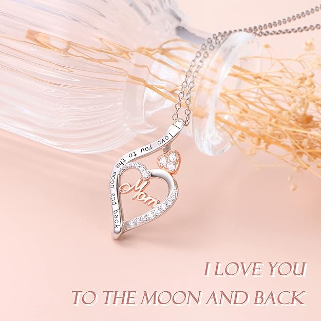 FLYOW 925 Sterling Silver Jewelry Engraved Always My Mother Forever My friend/I Love You to The Moon and Back Pendant Necklace for Women Girls Mom Wife Daughter Christmas Gift Love Heart Necklaces