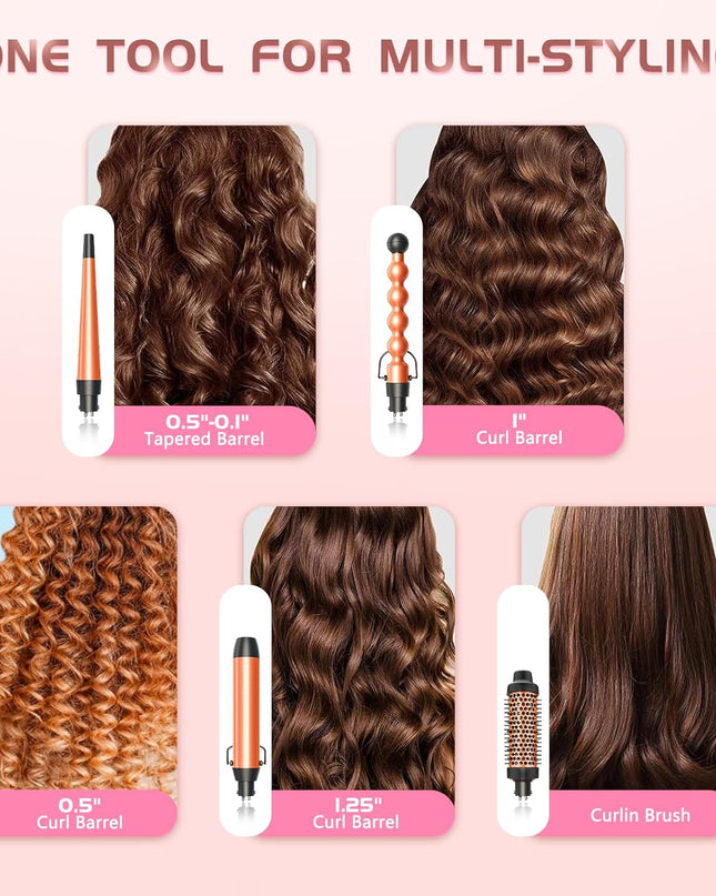 GSKY 5 in 1 Hair Curling Irons, Curling Iron Wand 5Pcs 0.5 to 1.25 Inch with Thermal Brush, Interchangeable Ceramic Barrel with Case Heat Protective Glove 2 Clips, Dual Voltage Hair Curler