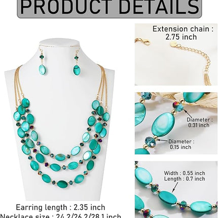 Firstmeet 3 Layered Beaded Necklace Set with Earrings Oval Shell Beads Jewelry Gift for Women