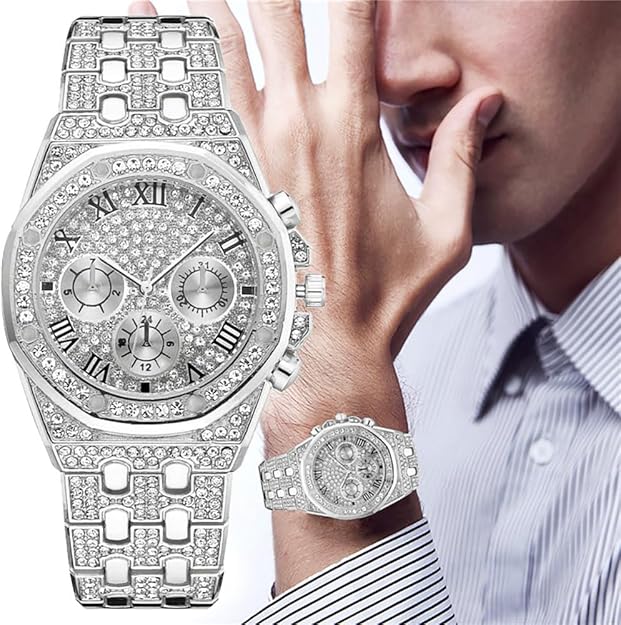 Apzzic Diamond Iced Out Watch CZ Gold Plated 40mm Width Roman Numerals Dial Quartz Wristband Watch for Men Women