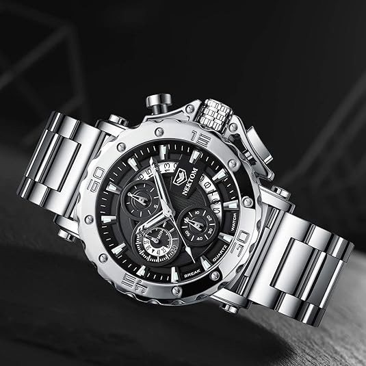 NEKTOM Watches for Men with Stainless Steel, Quartz Analog Watch with Date, Luxury Minimalist Dress Mens Watches, Chronograph Watch, 3ATM Waterproof, Black Wristwatch, Gifts for Men