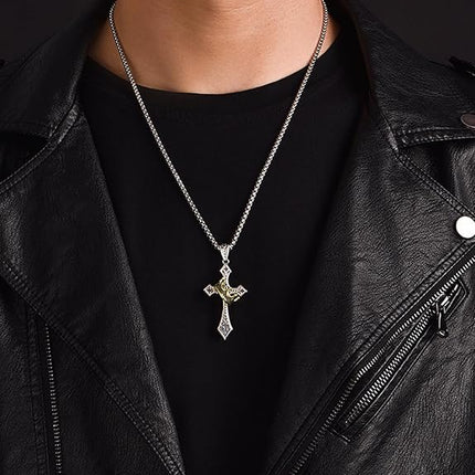 Cross Necklace For Men Antique Silver Titanium Stainless Steel & Brass Prayer Jesus Christ God With Cross Chain Gold Crown Ring Pendant Vintage