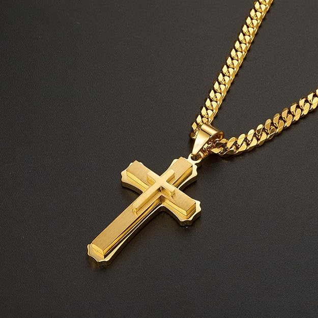 putouzip 18K Gold Iced Out Cross Pendant 316L Stainless Steel Cuban Link Chain Necklace For Men