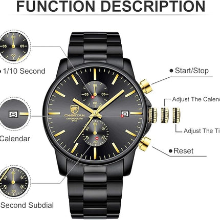 GOLDEN HOUR Fashion Business Mens Watches with Stainless Steel Waterproof Chronograph Quartz Watch for Men, Auto Date