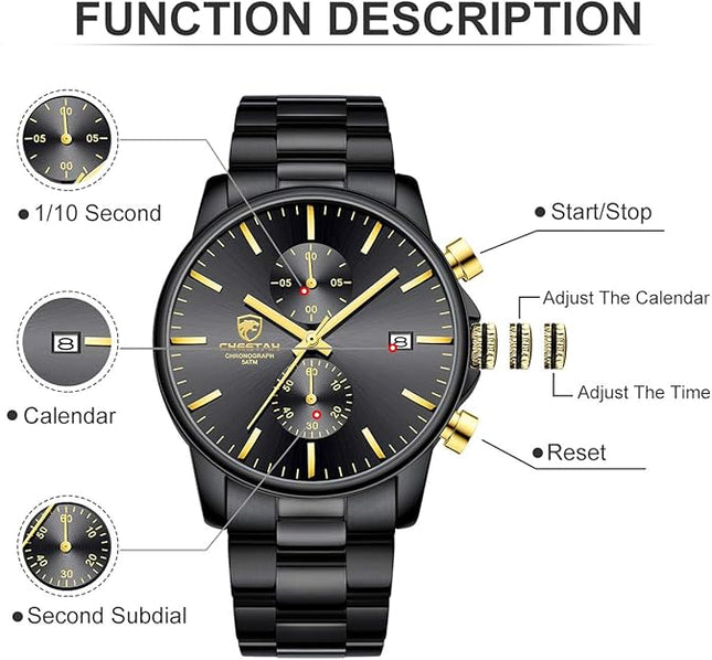 GOLDEN HOUR Fashion Business Mens Watches with Stainless Steel Waterproof Chronograph Quartz Watch for Men, Auto Date