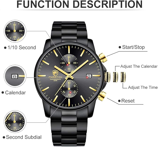 GOLDEN HOUR Fashion Business Mens Watches with Stainless Steel Waterproof Chronograph Quartz Watch for Men, Auto Date