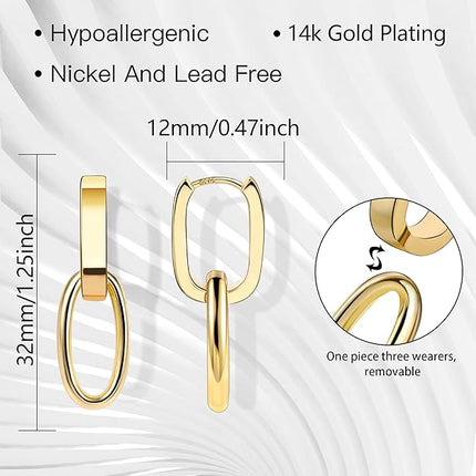 14K Gold Plated 925 Sterling Silver Post Dangle Earrings For Women Trendy Drop Earrings Small Sterling Silver Earrings Square Huggie Paperclip Dangly Hoop Silver Hoops Fashion Earrings Jewelry