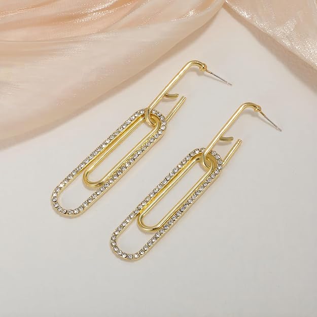 Paper Clip Link Hanging Earring, Long Chain Link Dangle Earrings for Women,Big Geometric Cubic Zirconia Rhinestone Earrings, S925 Sterling Silver Post Stud(Style1)