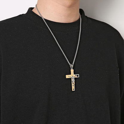 HZMAN Men's Stainless Steel Cross Crucifix Bible Prayer Pendant Necklace 22+2" Chain