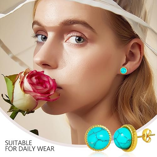 8mm Turquoise Stone Stud Earrings for Women, WGXIA Natural Green Gemstone Round Stud Earrings Handmade Jewelry for Girls